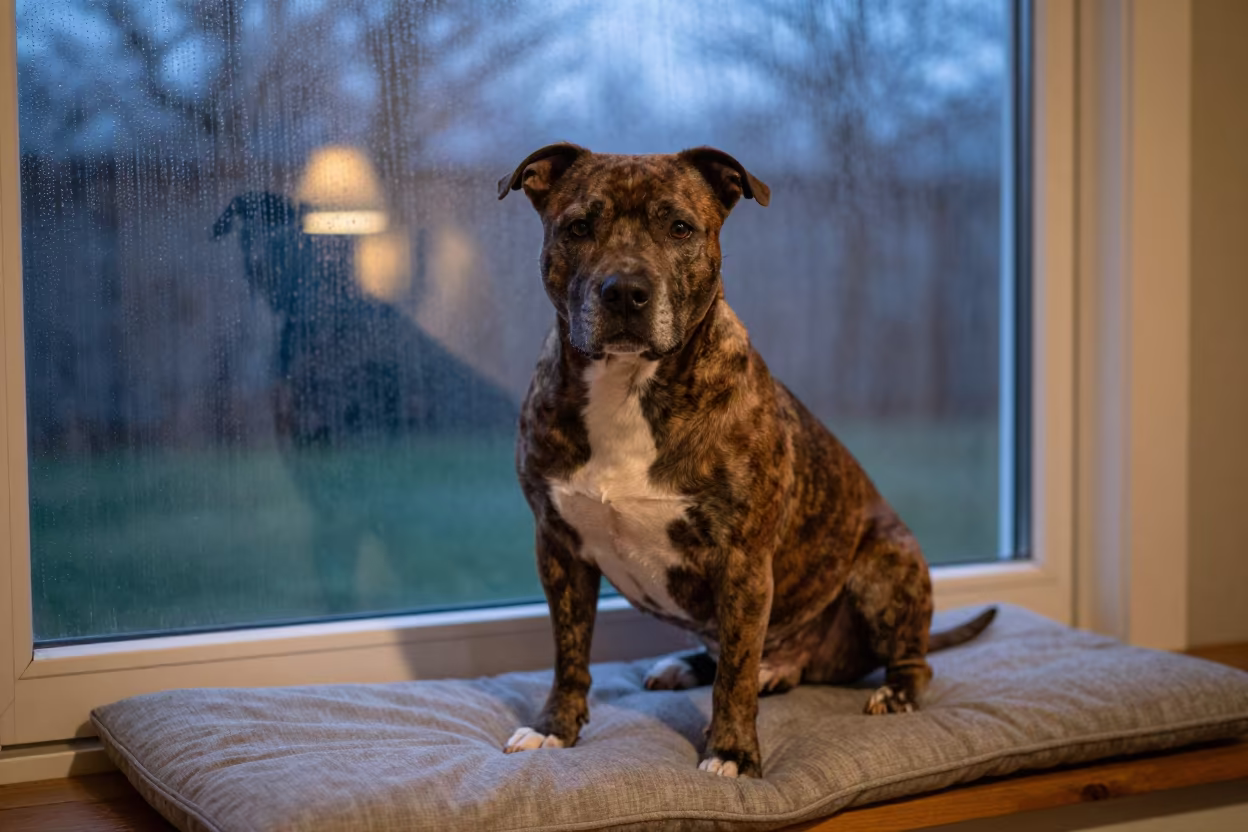 American Staffordshire Terrier on Window Seat at Twilight in on a cushioned window seat with soft side light and an uncluttered background near Muhanga