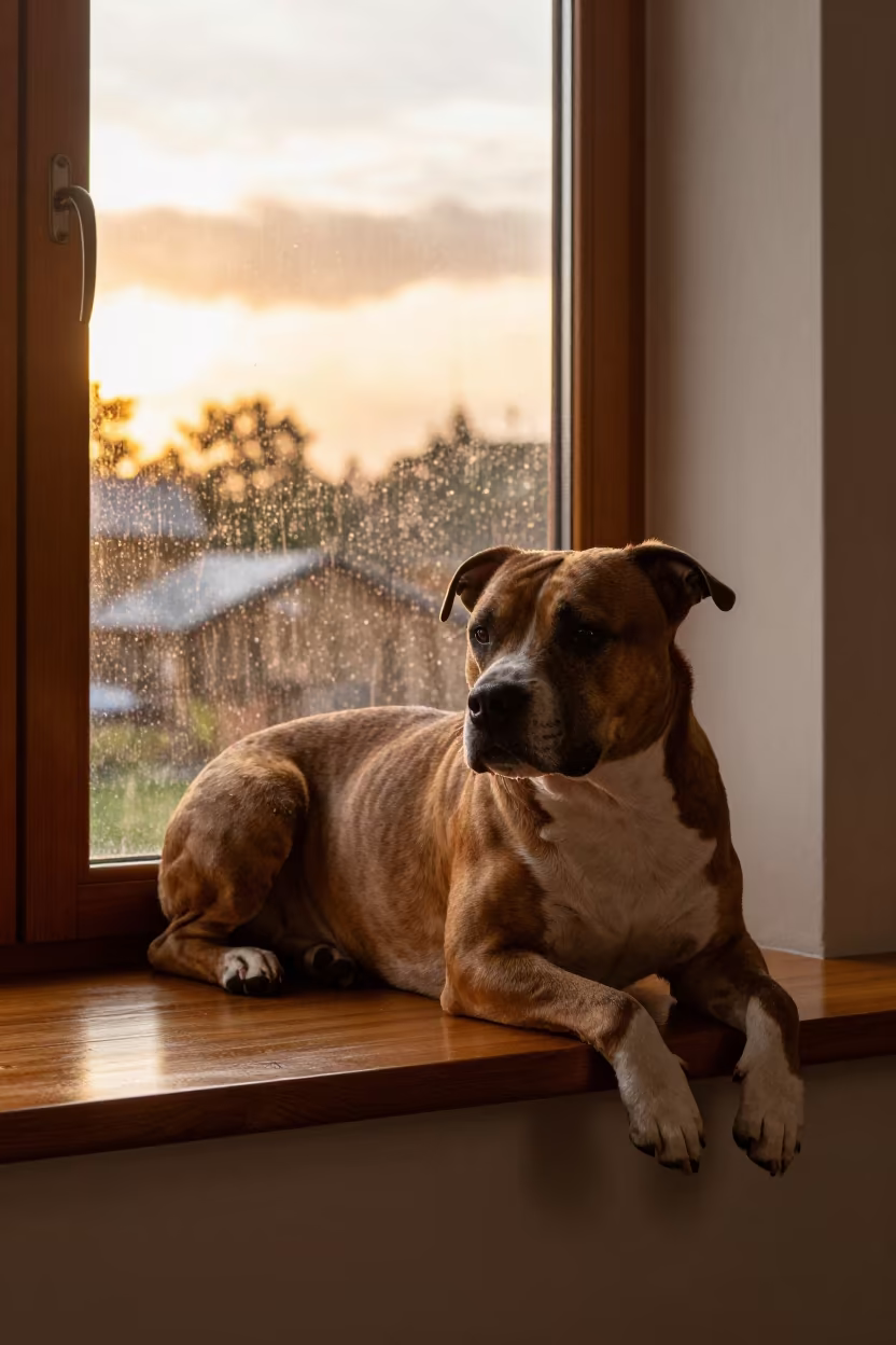 American Staffordshire Terrier on Window Seat in on a window seat in a quiet apartment with soft side light in Maturín