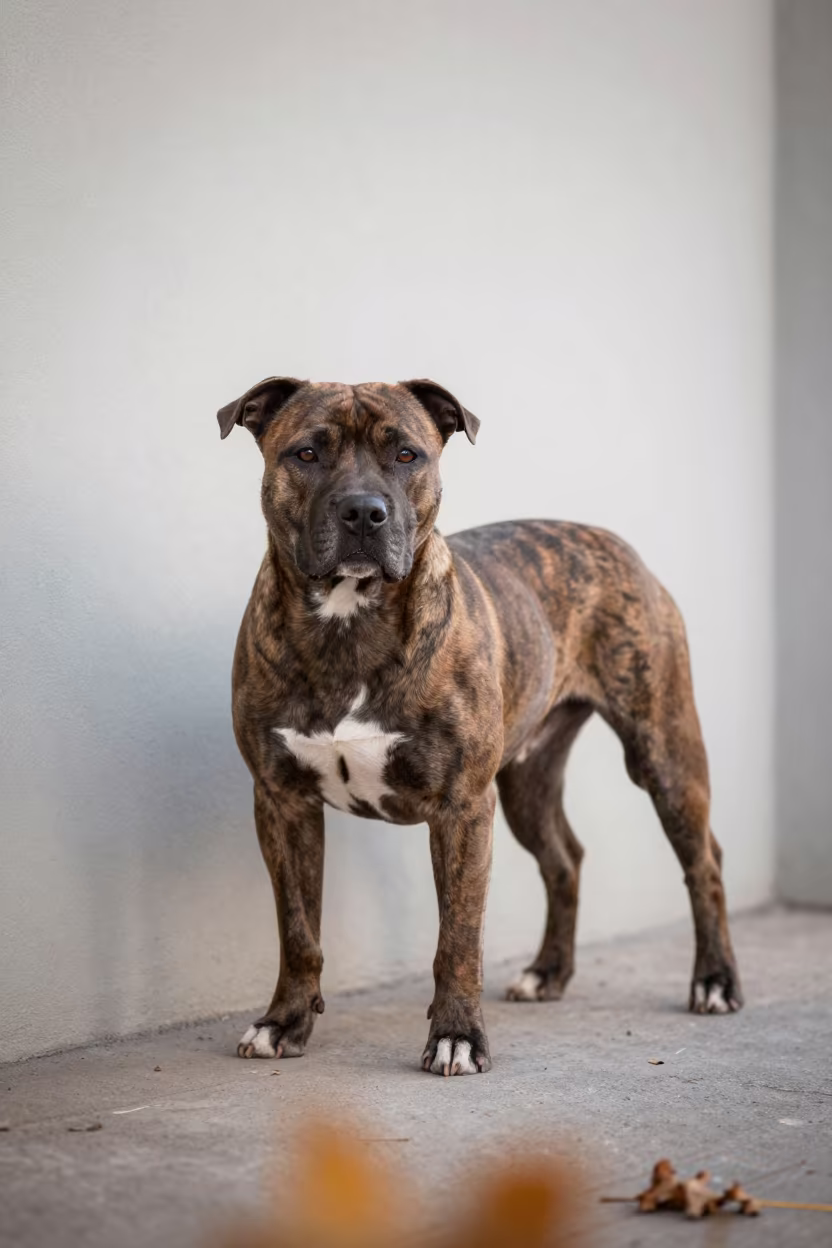 American Staffordshire Terrier Portrait Baku Autumn in beside a plain courtyard wall in clear daylight with the animal at eye level near Baku