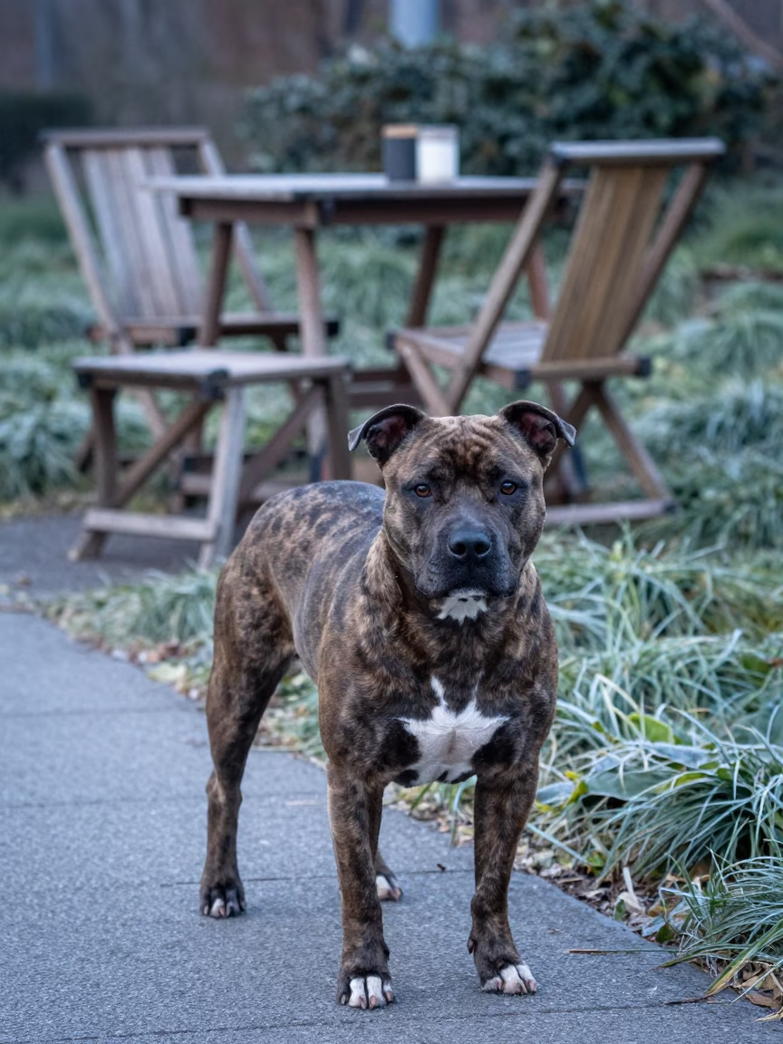 American Staffordshire Terrier Portrait in Hangzhou Park in along a quiet park path with soft open shade and a clean background near Hangzhou
