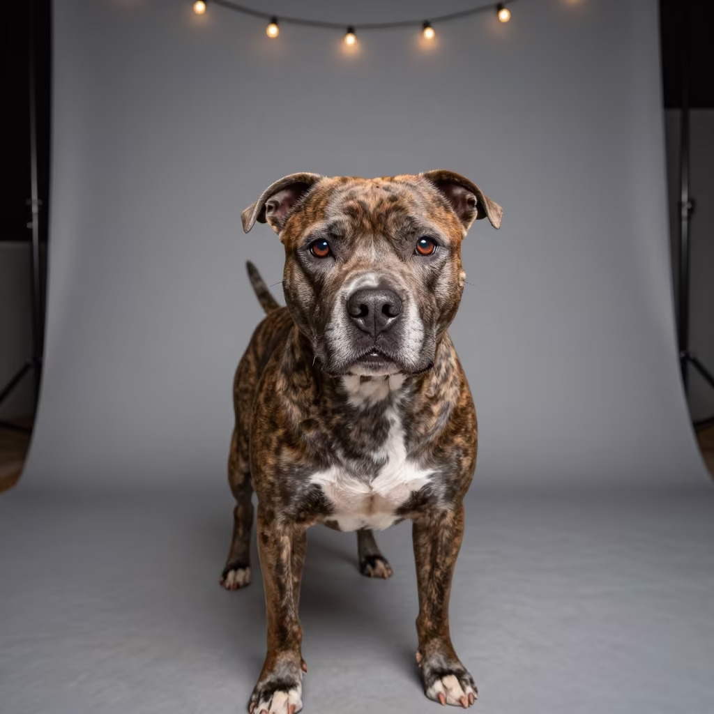 American Staffordshire Terrier Portrait Night Studio in in a quiet portrait studio with a plain backdrop and eye-level framing near Wadi Al-Seer
