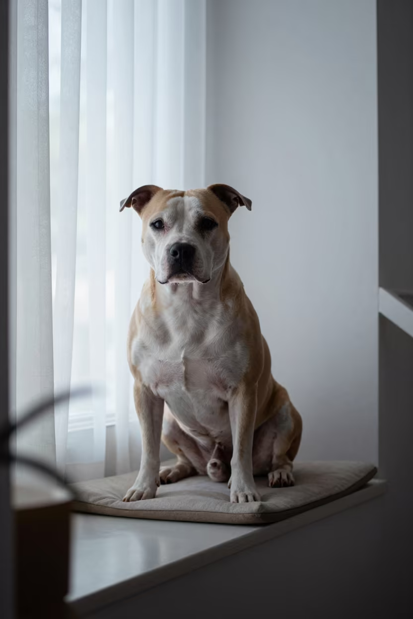 American Staffordshire Terrier Portrait on Window Seat in on a cushioned window seat with soft side light and an uncluttered background near Tirunelveli
