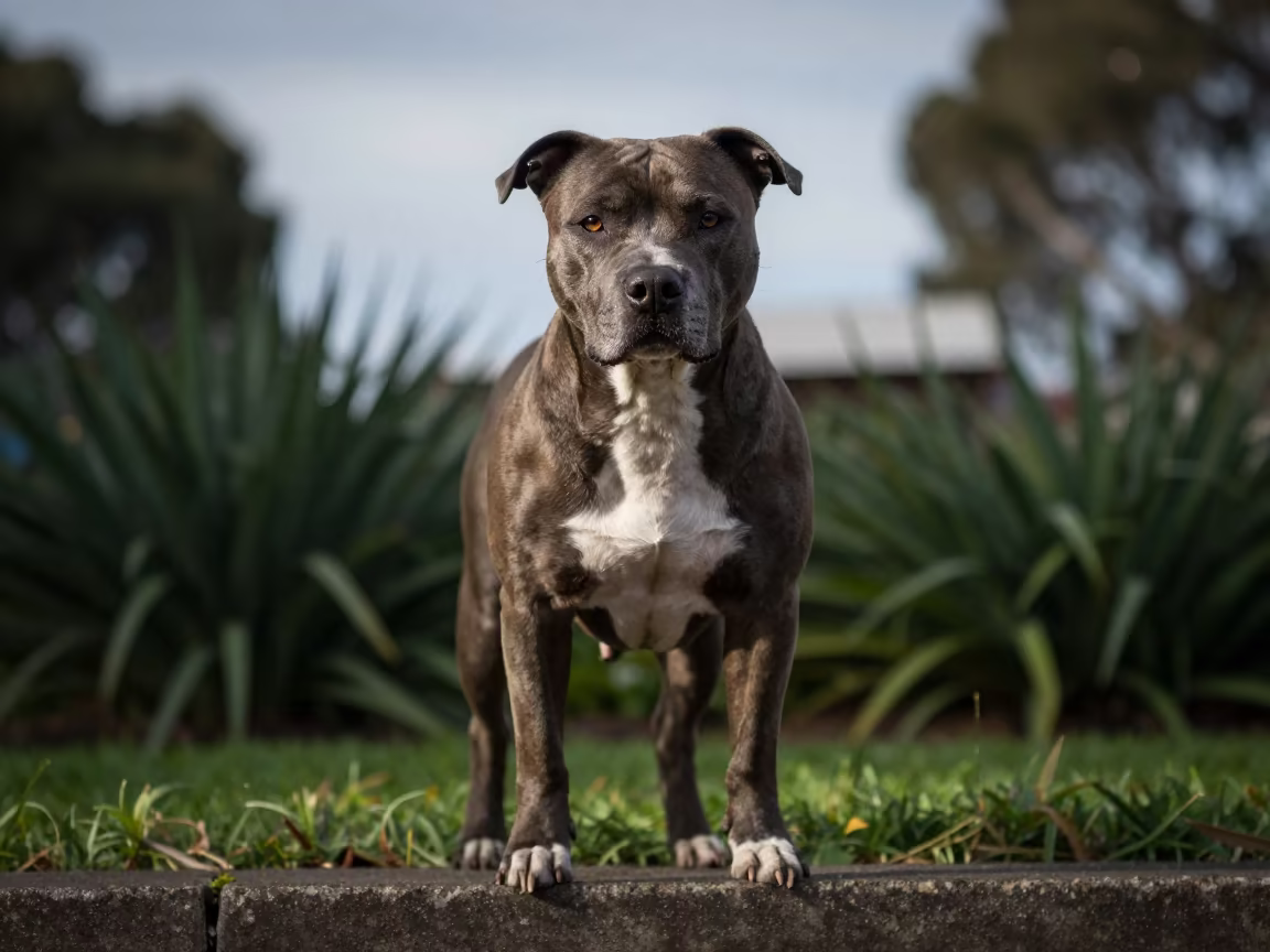 American Staffordshire Terrier Portrait South Melbourne Garden in near a garden edge with soft morning light and an uncluttered background in South Melbourne Market, Melbourne