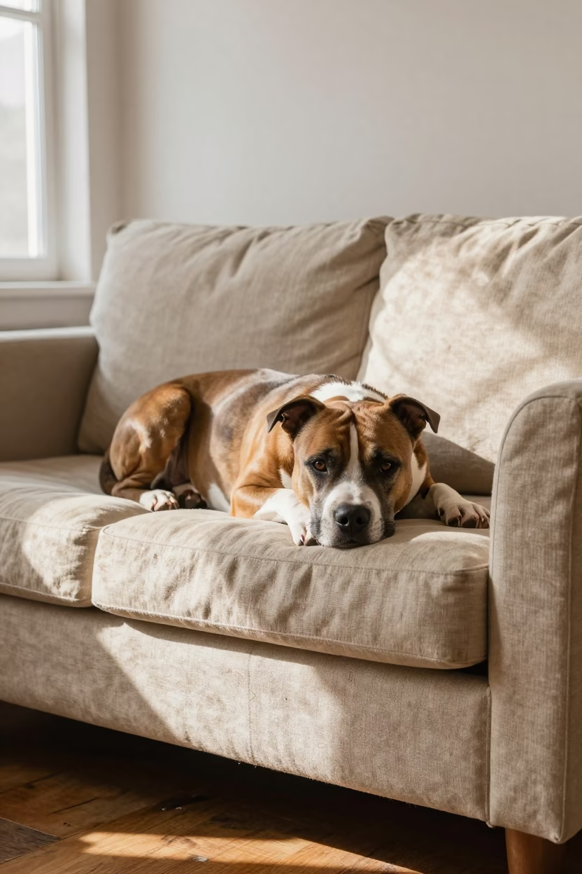 American Staffordshire Terrier Resting on Linen Sofa in Kazan in on a linen sofa with daylight from a nearby window in Kazan