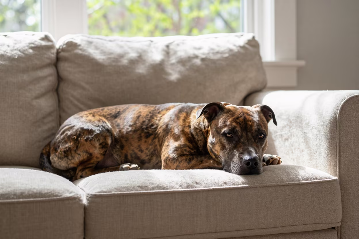 American Staffordshire Terrier Resting on Linen Sofa in on a linen sofa with daylight from a nearby window near Berrechid