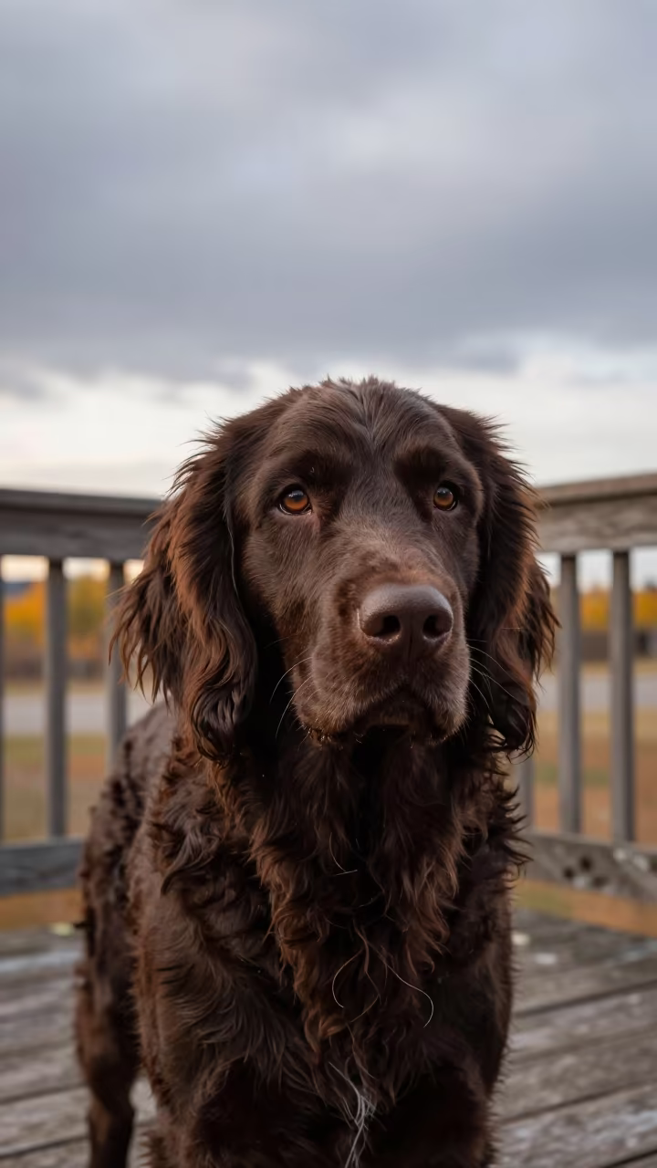 American Water Spaniel on Shaded Calgary Porch in on a shaded front porch with boards, railings, and eye-level framing in Calgary