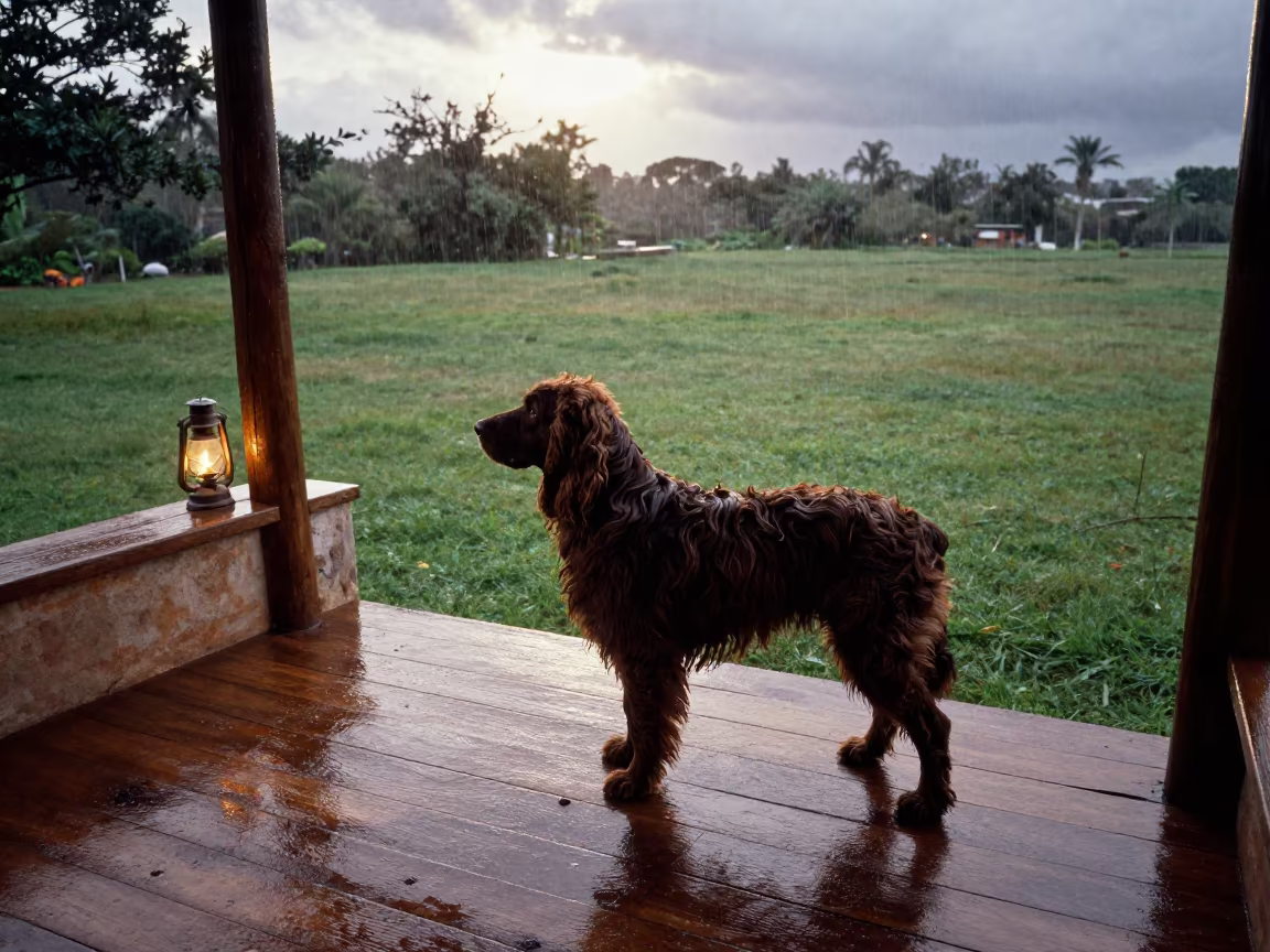 American Water Spaniel on Shaded Porch Tepic in in a small yard with clipped grass, calm light, and the animal centered in frame near Tepic