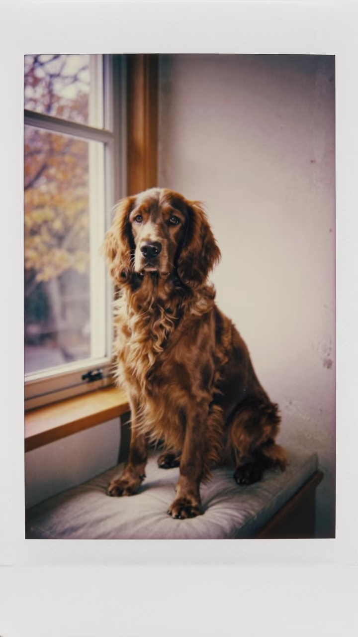American Water Spaniel on Window Seat in Prayagraj in on a cushioned window seat with soft side light and an uncluttered background near Prayagraj