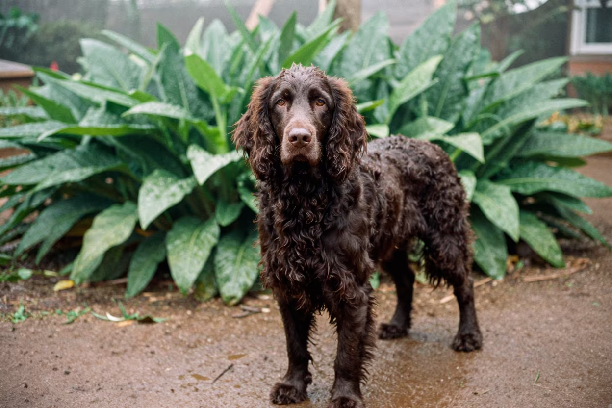 American Water Spaniel Portrait in Accra Garden in near a garden edge with soft morning light and an uncluttered background near Osu, Accra
