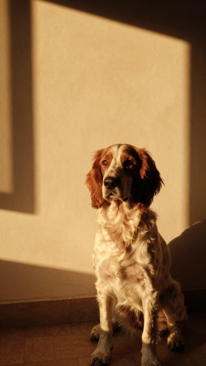 American Water Spaniel Portrait in El Oued in beside a plain plaster wall in soft indoor light with the animal centered in frame in El Oued