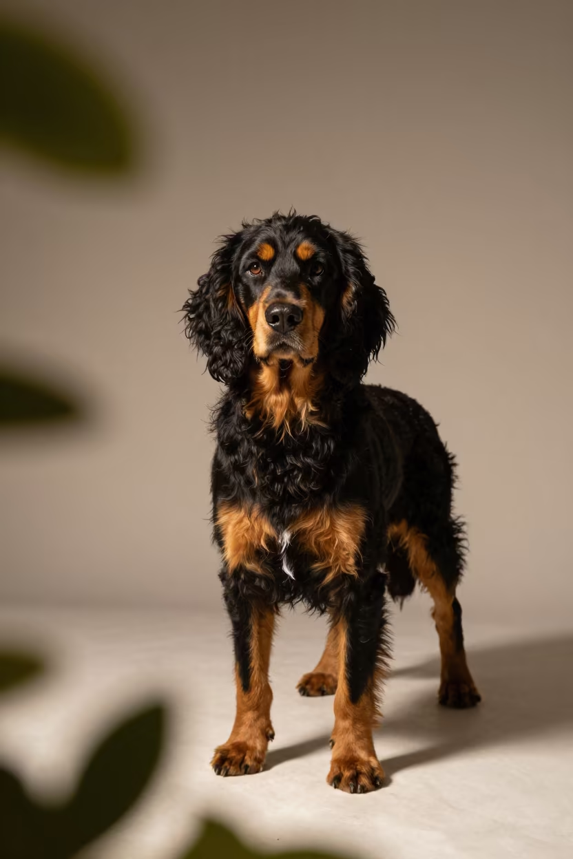 American Water Spaniel Portrait in Escuintla Studio in in a quiet portrait studio with a plain backdrop and eye-level framing near Escuintla