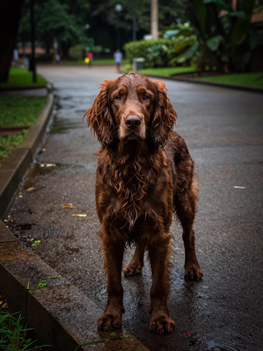 American Water Spaniel Portrait in Kampala Park Shade in along a quiet park path with soft open shade and a clean background in Kampala