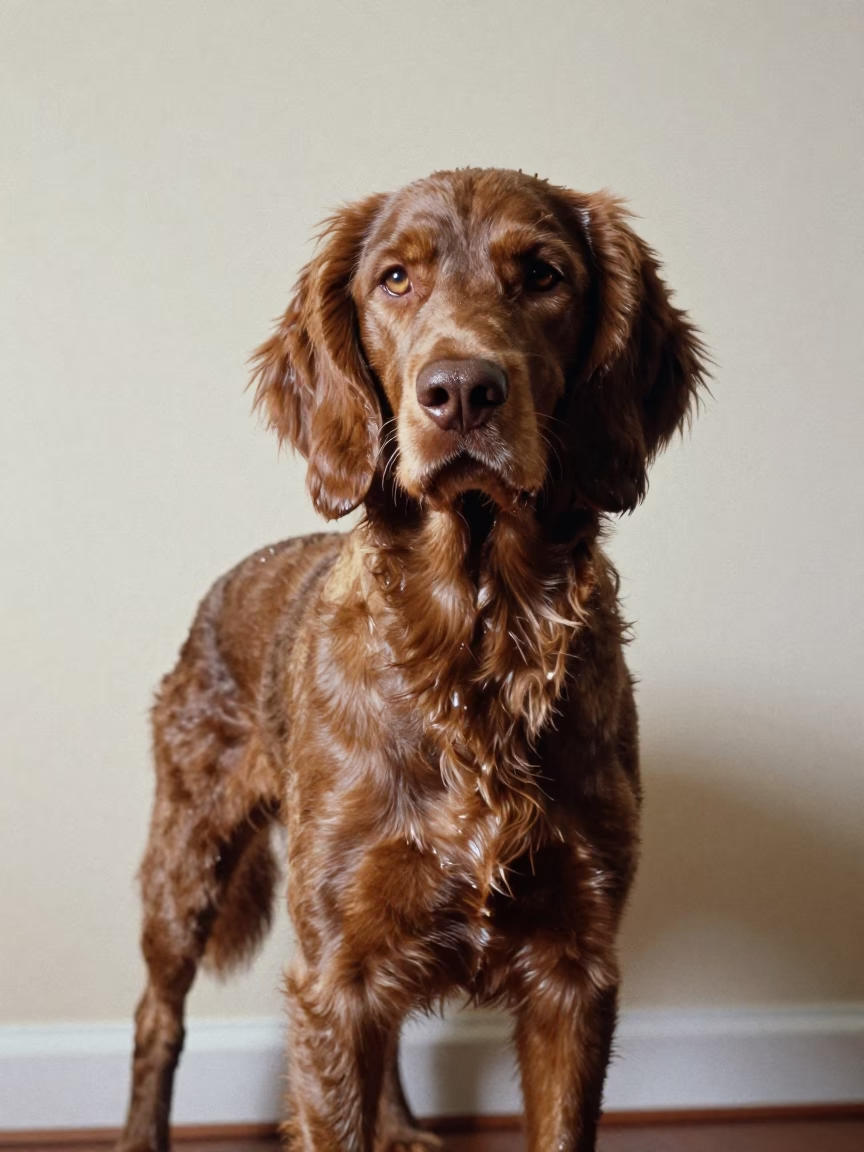 American Water Spaniel Portrait in Seoul Alley in beside a plain plaster wall in soft indoor light with the animal centered in frame near Mangwon, Seoul
