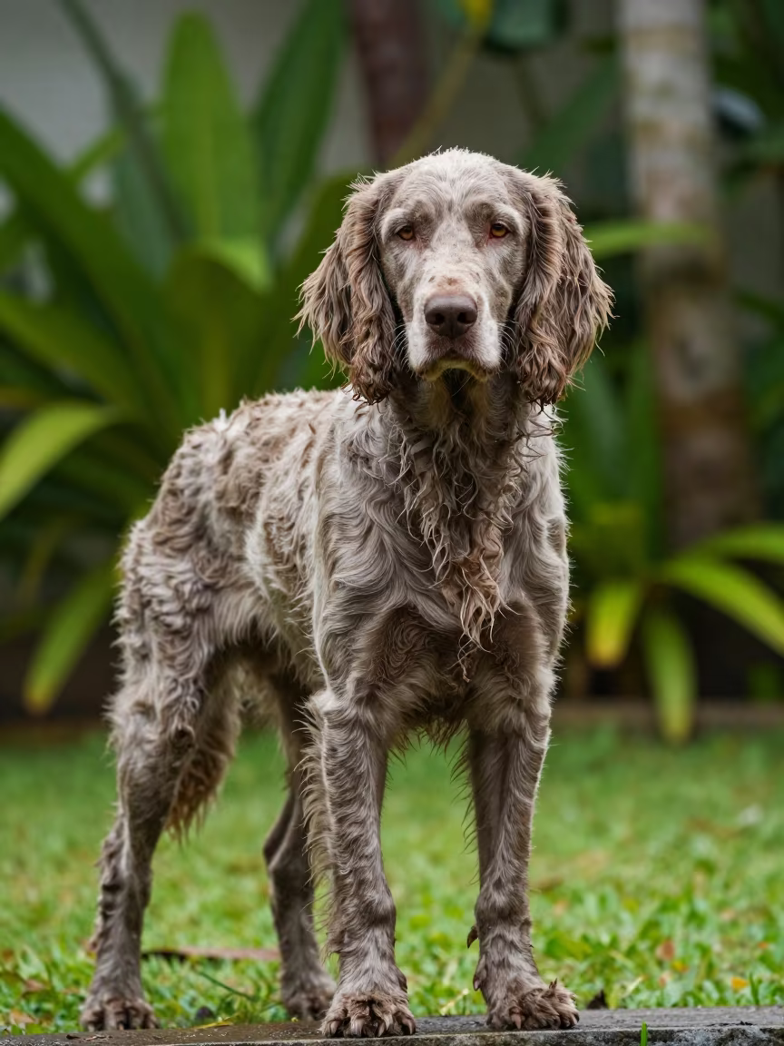 American Water Spaniel Portrait Near Lombok Garden in near a garden edge with soft morning light and an uncluttered background near Lombok