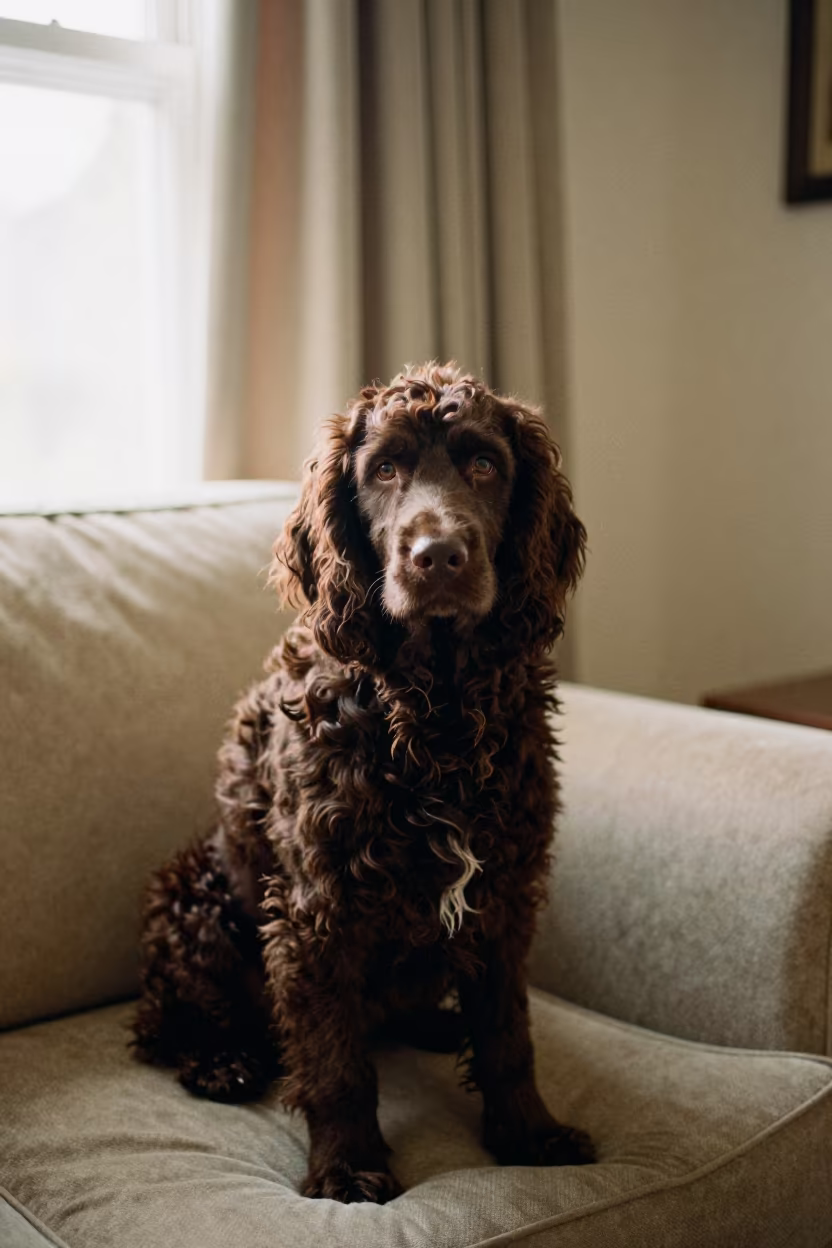 American Water Spaniel Portrait Near Window in on a sofa near a curtained window with calm indoor light in Tallinn