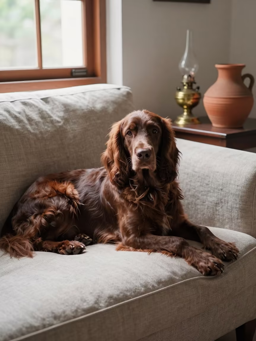 American Water Spaniel Resting on Linen Sofa in Vellore in on a linen sofa with daylight from a nearby window in Vellore