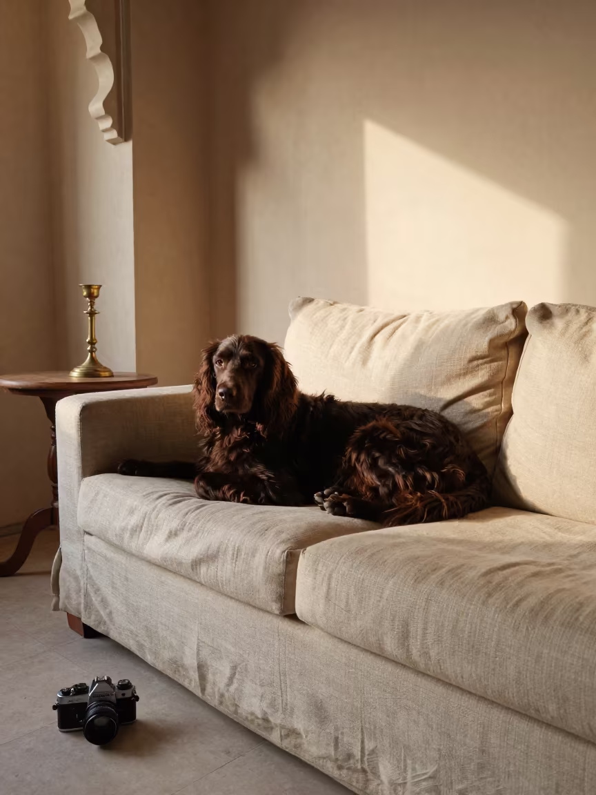American Water Spaniel Resting on Linen Sofa in on a linen sofa with daylight from a nearby window in Bikaner