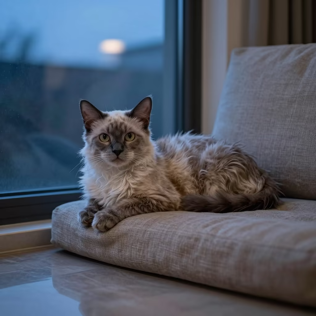 American Wirehair Cat Lounging on Linen Sofa in on a linen sofa with daylight from a nearby window near Rize