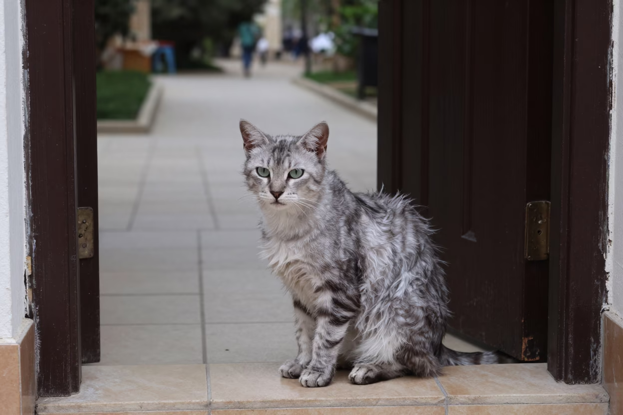 American Wirehair Cat on Beirut Porch in along a quiet park path with soft open shade and a clean background in Beirut