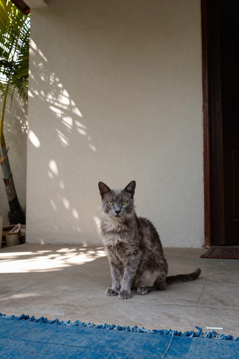 American Wirehair Cat on Shaded Porch in Guatemala City in beside a plain courtyard wall in clear daylight with the animal at eye level in Guatemala City