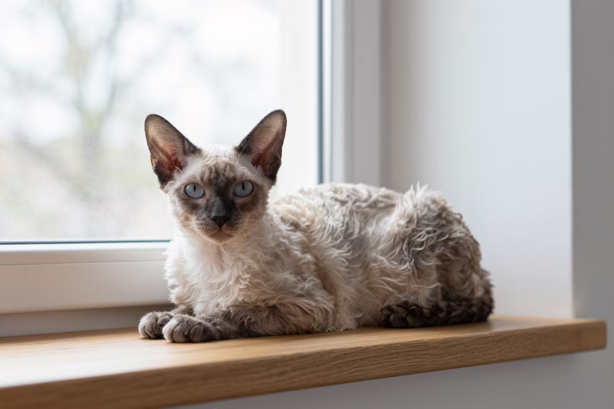 American Wirehair Cat on Window Seat in on a window seat in a quiet apartment with soft side light in St Petersburg