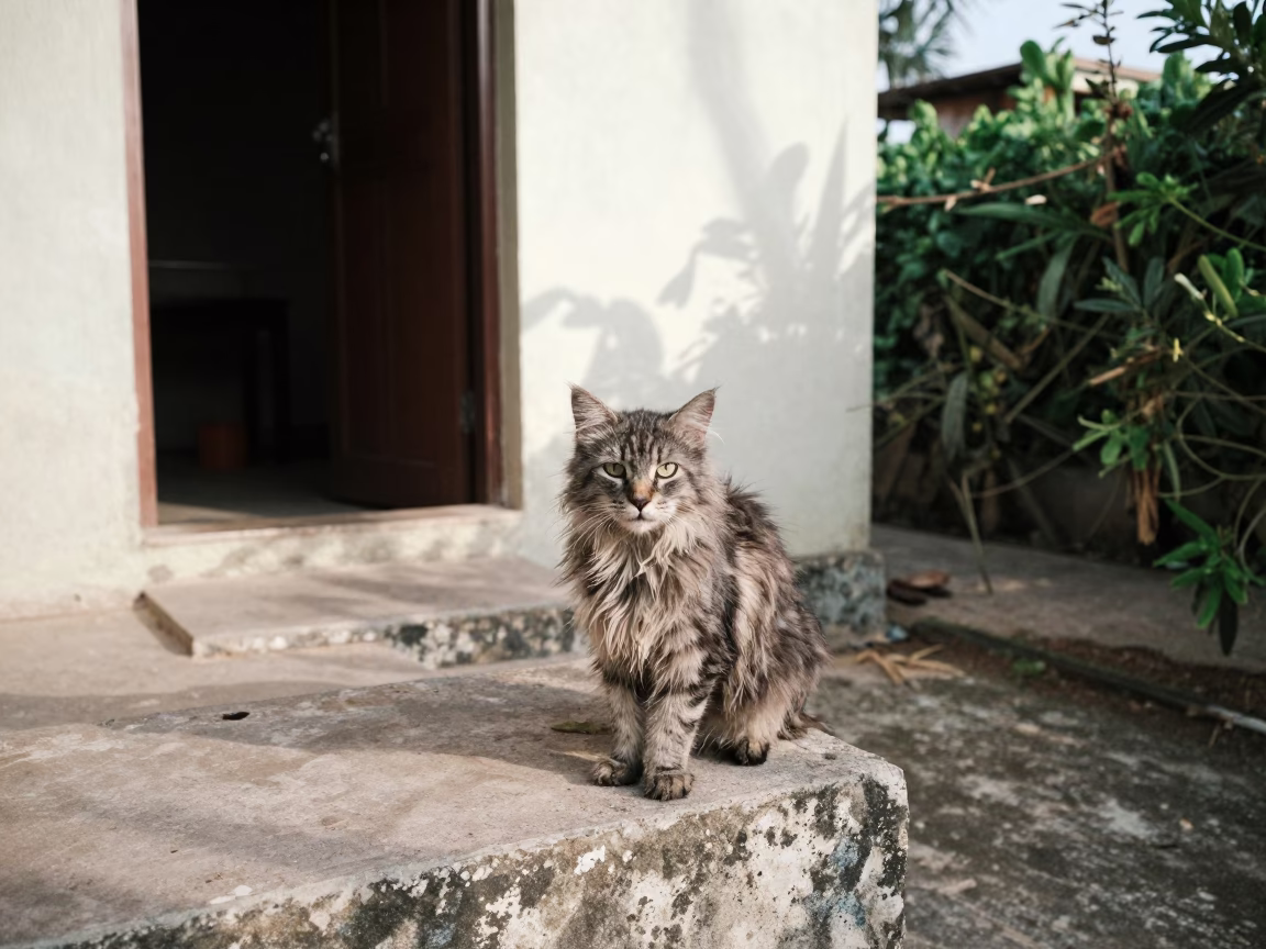 American Wirehair Cat Portrait in Dakar Garden in near a garden edge with soft morning light and an uncluttered background in Medina, Dakar