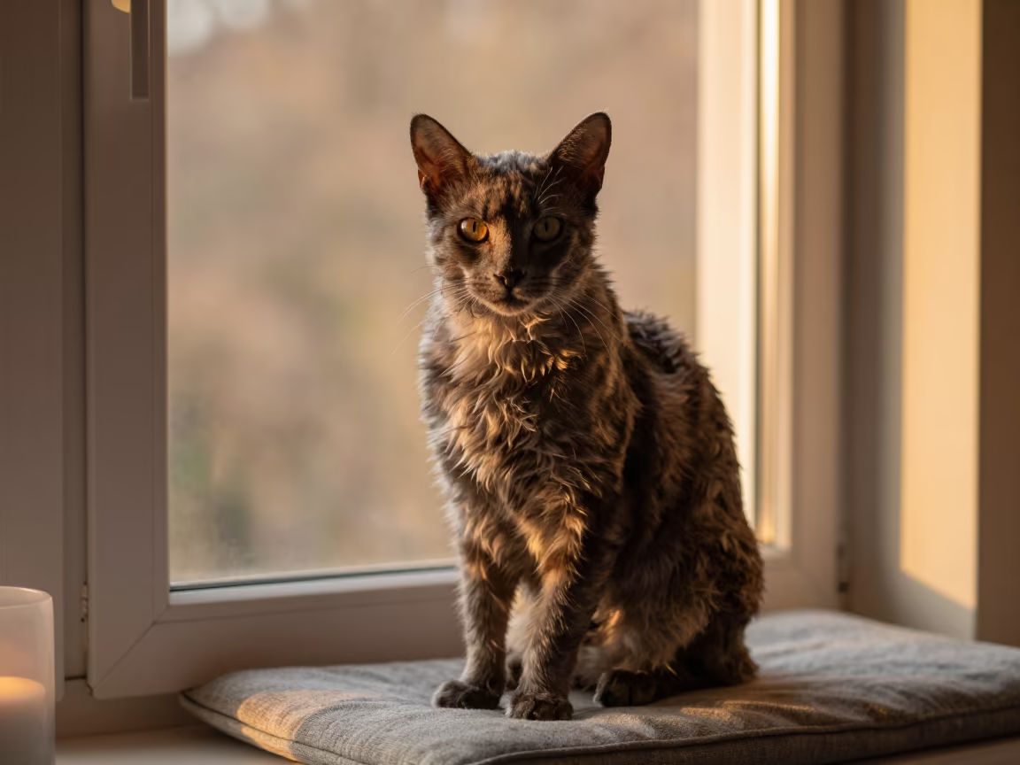American Wirehair Cat Portrait in Evening Light in on a cushioned window seat with soft side light and an uncluttered background in Tonalá