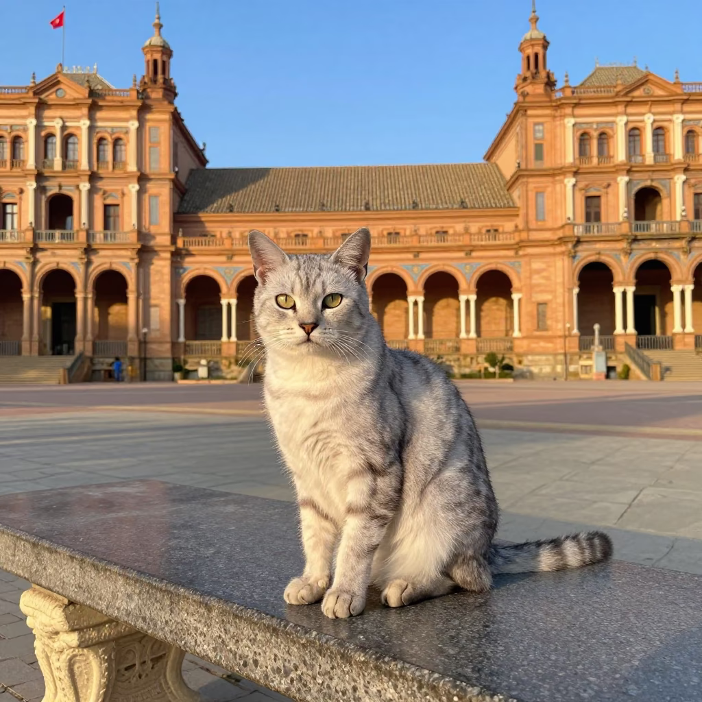 American Wirehair Cat Sitting on Madrid Plaza Bench in Late Afternoon Sunlight in in Madrid, Spain