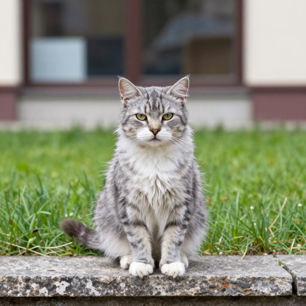 American Wirehair Portrait in Plock Garden in in a small yard with clipped grass, calm light, and the animal centered in frame in Płock