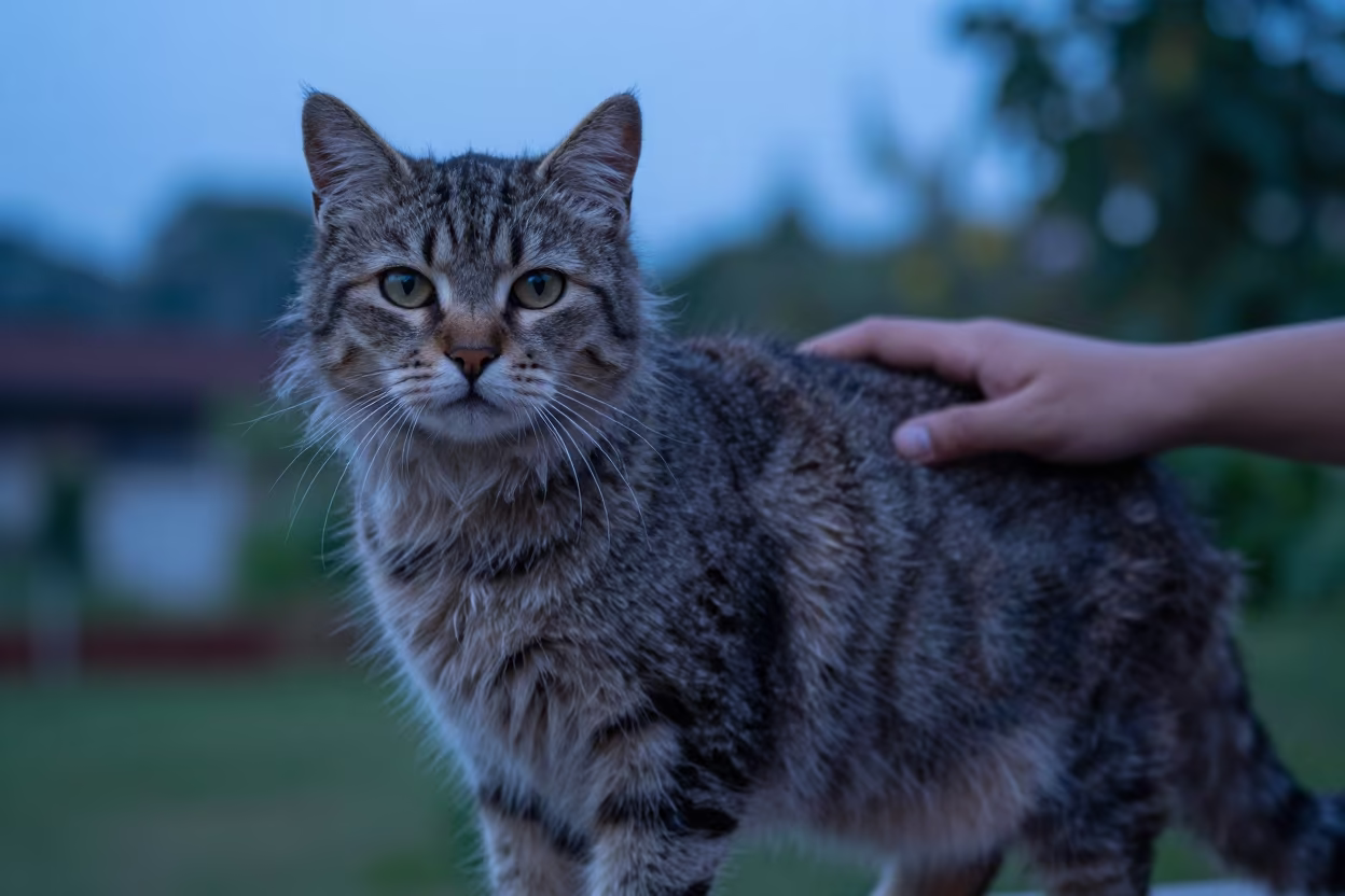 American Wirehair Portrait in Tamale Garden Light in near a garden edge with soft morning light and an uncluttered background in Tamale