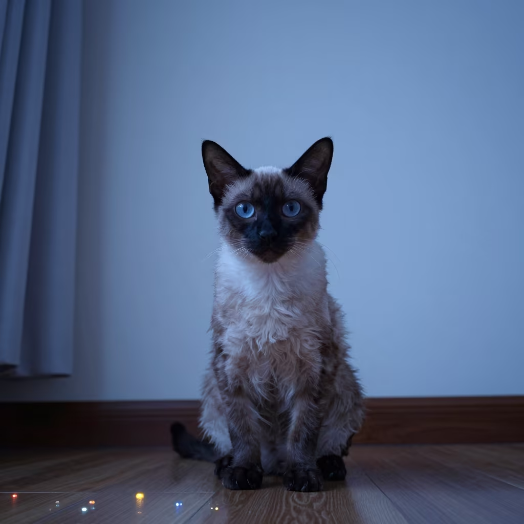 American Wirehair Portrait in Winter Twilight in beside a plain plaster wall in soft indoor light with the animal centered in frame in Aydın