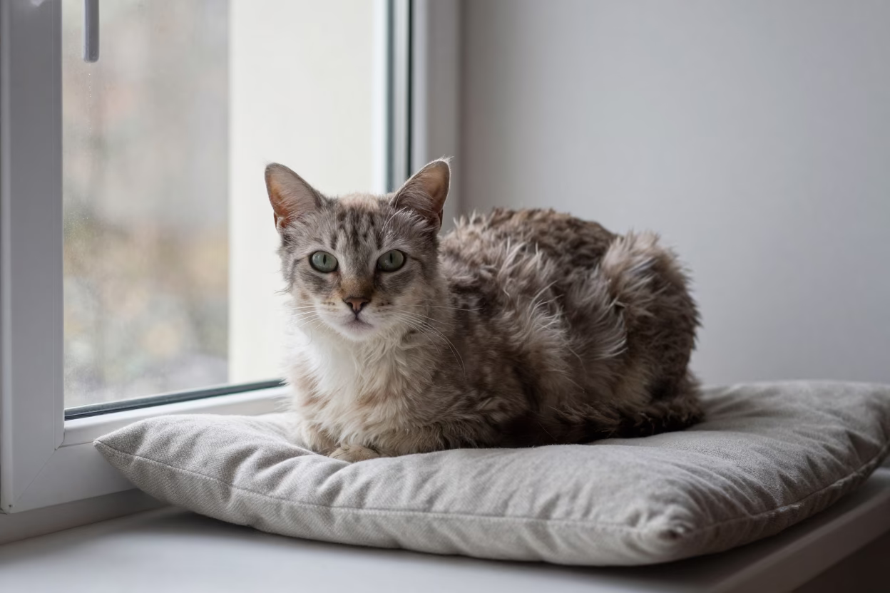 American Wirehair Portrait on Window Seat in on a cushioned window seat with soft side light and an uncluttered background in Keur Massar Sud