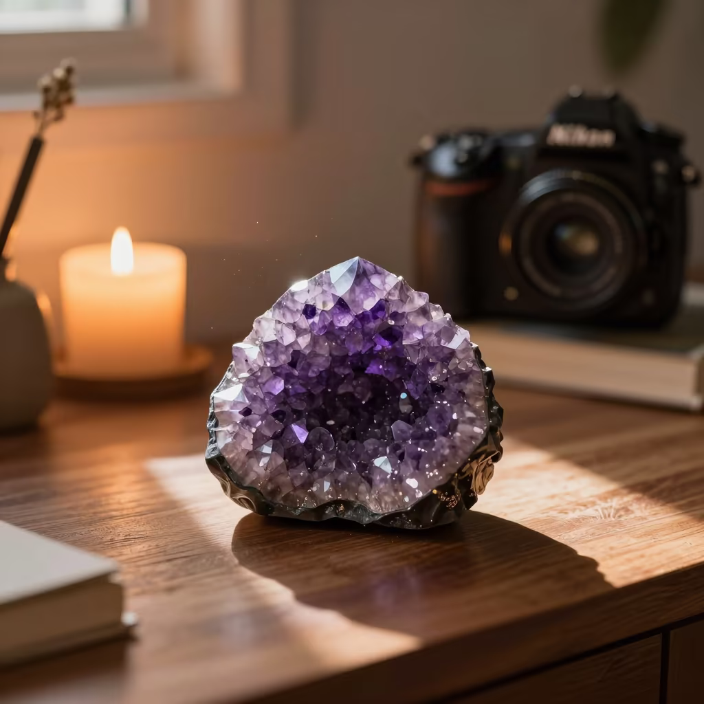 Amethyst Geode on Beirut Desk at Sunset in on a writing desk in Raouche, Beirut