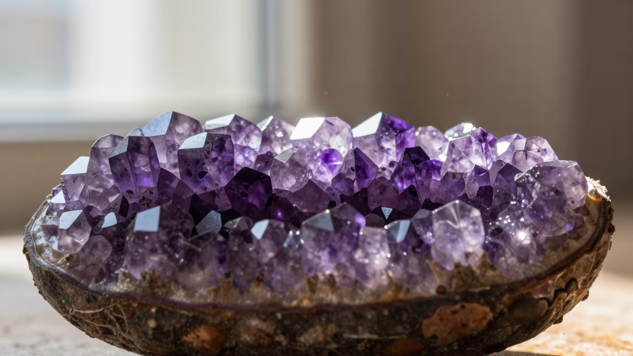 Amethyst Geode Cross Section in Sunlight in inside a seed pod split open in Preston