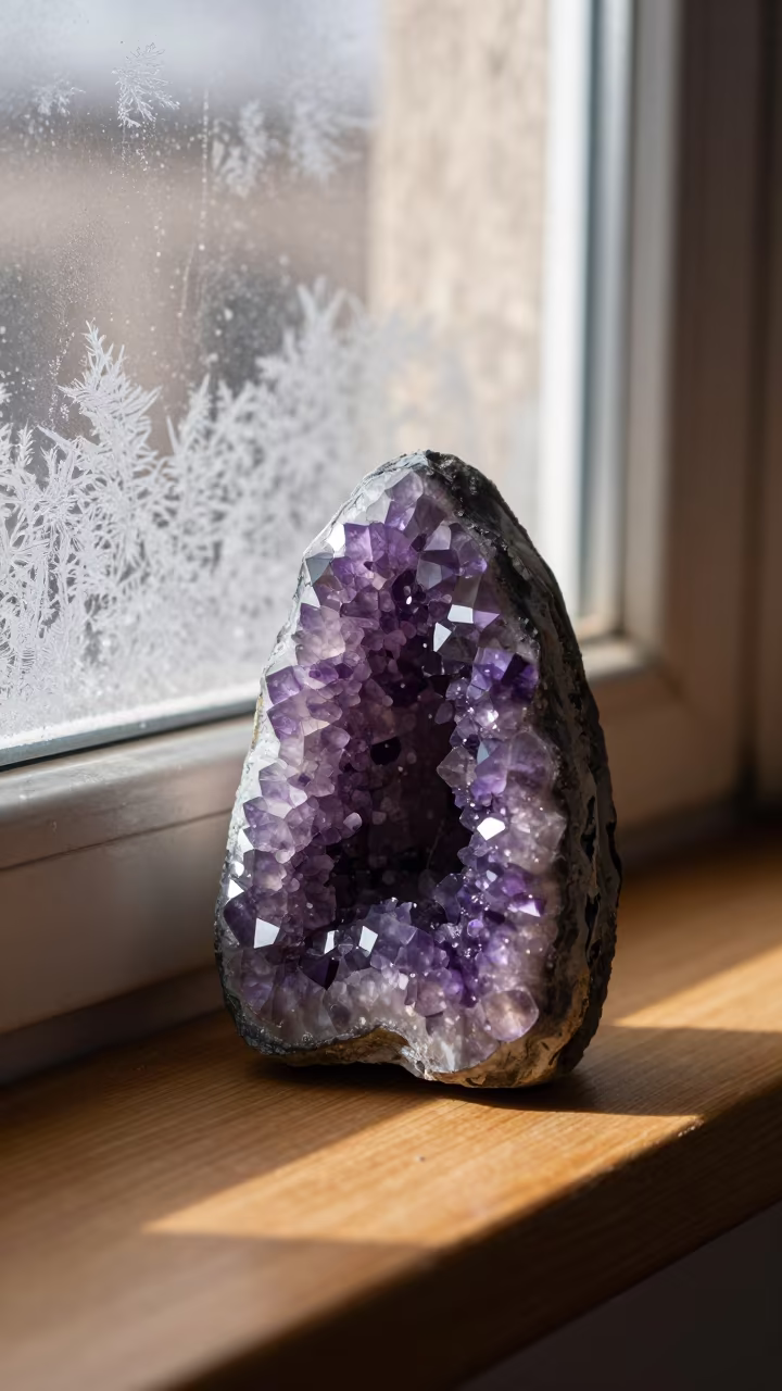 Amethyst Geode Cross Section Window Sana'a in along a frost-edged windowpane in Sana'a