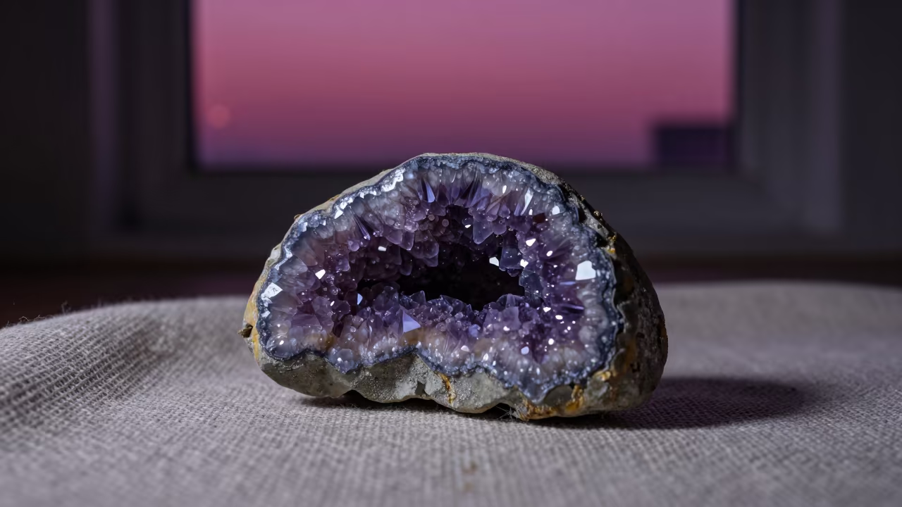 Amethyst Geode Cross Section on Woven Linen in against woven linen fibers near Kochi