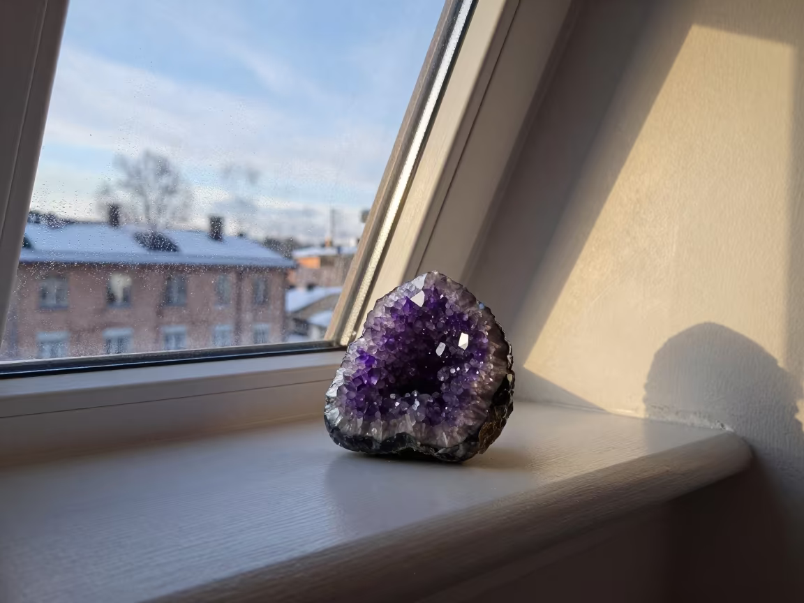 Amethyst Geode on Ledge in Helsinki in on a painted display ledge in Helsinki