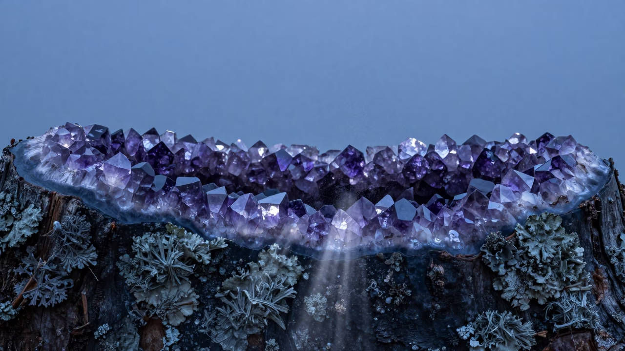 Amethyst Geode Macro on Lichen Bark Twilight in on lichen-covered bark near Pokhara