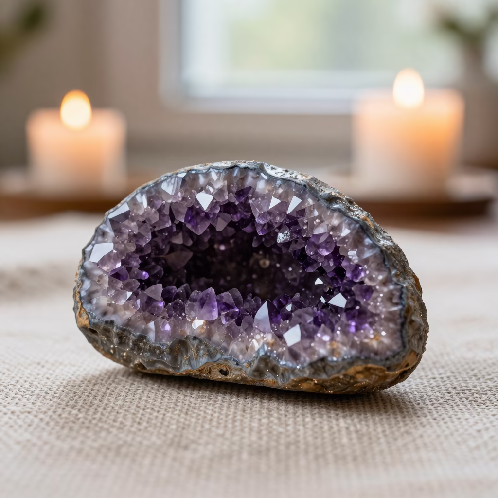 Amethyst Geode Macro on Linen in Candlelight in against woven linen fibers near Ningbo