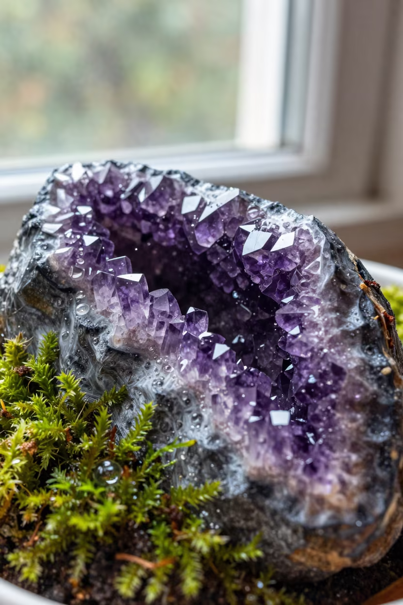 Amethyst Geode Macro on Monsoon Moss in on dew-soaked moss near Thane