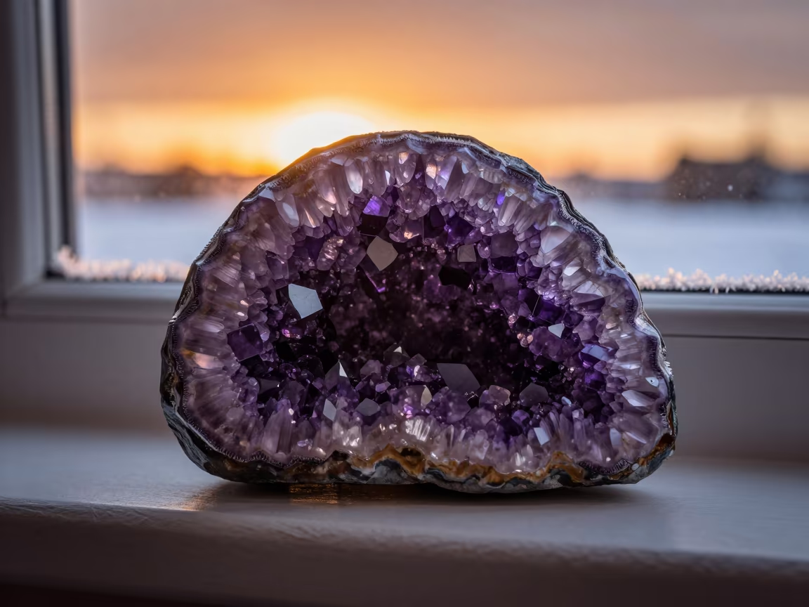 Amethyst Geode Slice Winter Sunset Window in along a frost-edged windowpane in Tauranga
