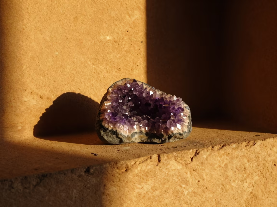 Amethyst Geode on Stone Ledge in Amber Sunset in on a stone ledge in Ndjamena
