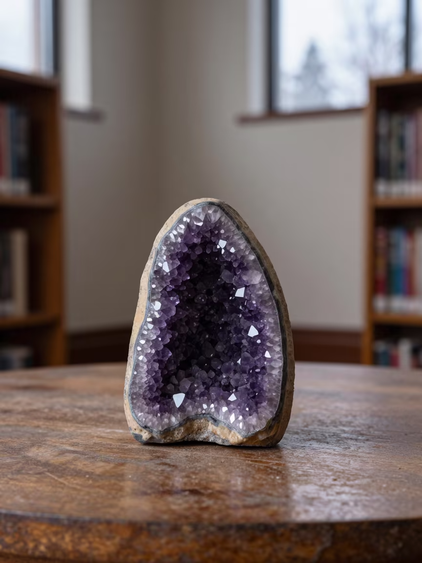 Amethyst Geode on Winter Library Table in on a dusty library table near Missoula