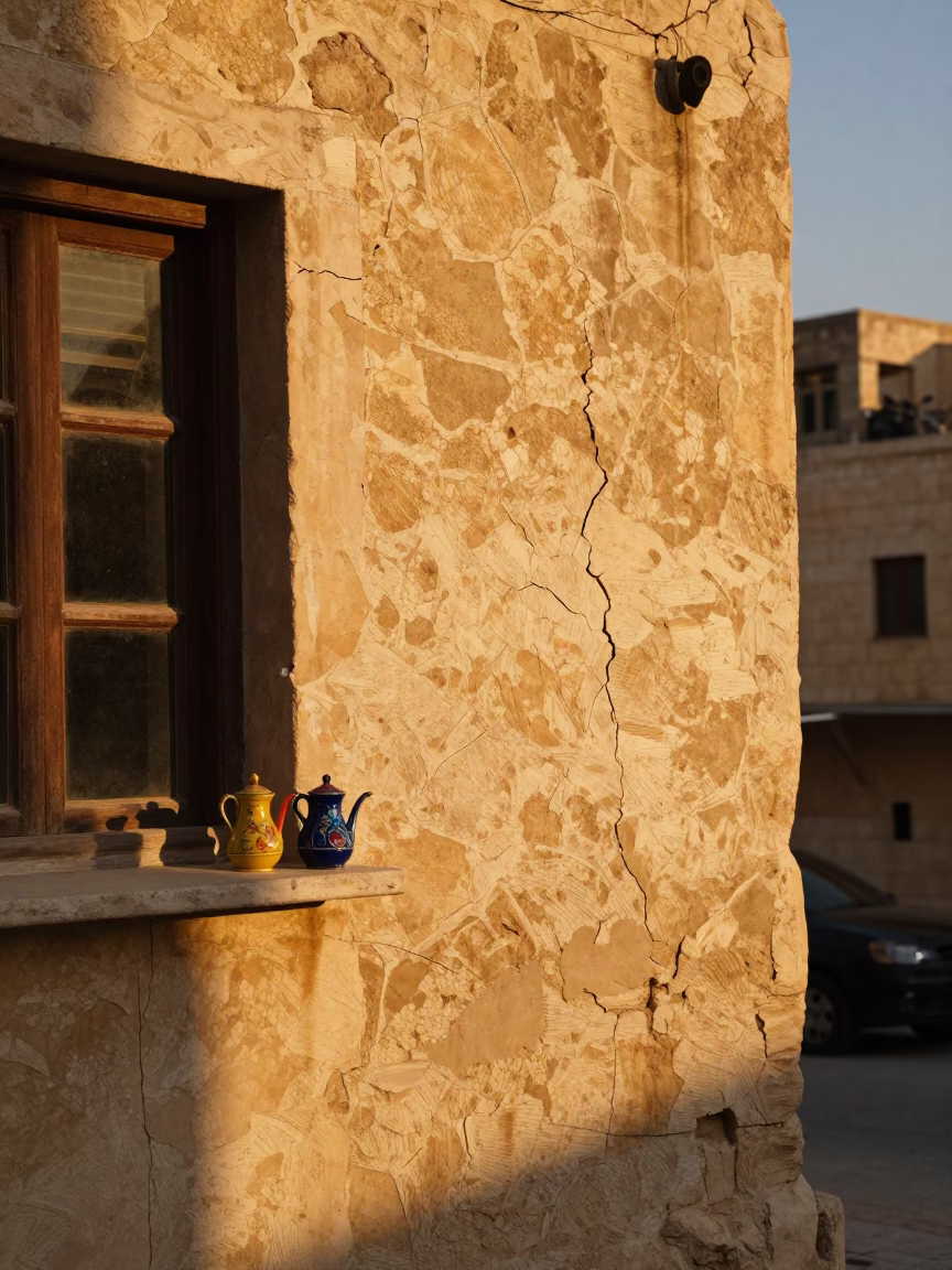 Amman Evening Light Illuminates Cracked Stucco and Tea Canister in in Amman, Jordan