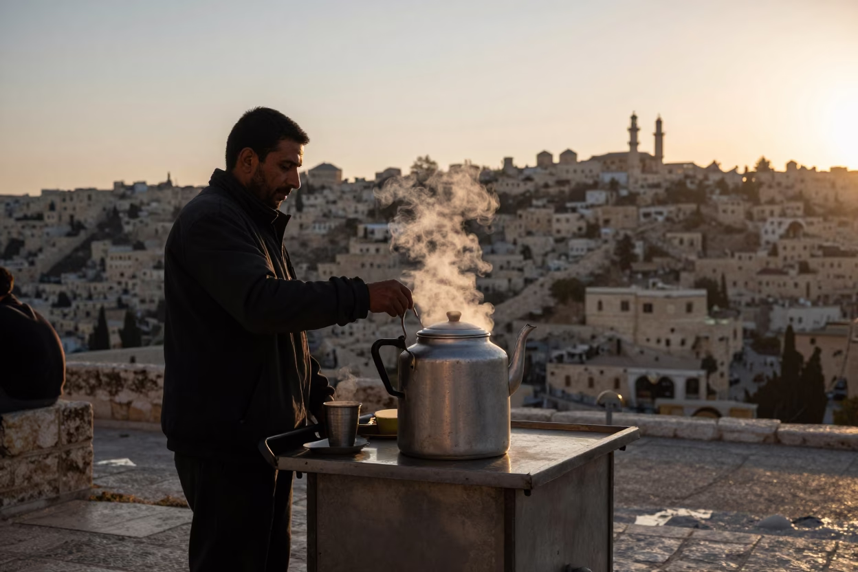 Amman Jordan Before Sunrise Steaming Coffee Cart in Early Morning Light in in Amman, Jordan
