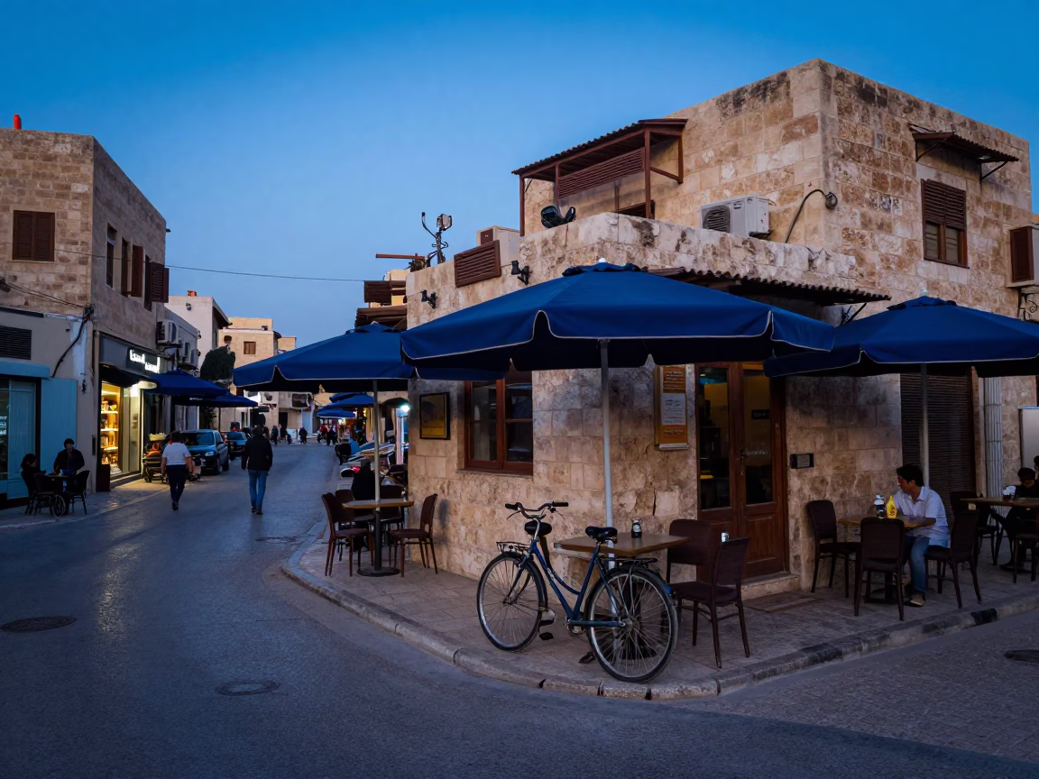 Amman Jordan Blue Hour Street Scene Bicycle Cafe Umbrellas Local Life in in Amman, Jordan