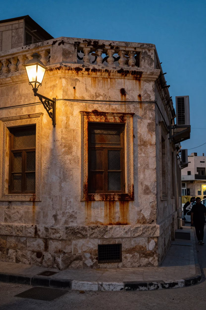 Amman Jordan Blue Hour Street Scene Rusty Window and Oil Lamp in in Amman, Jordan
