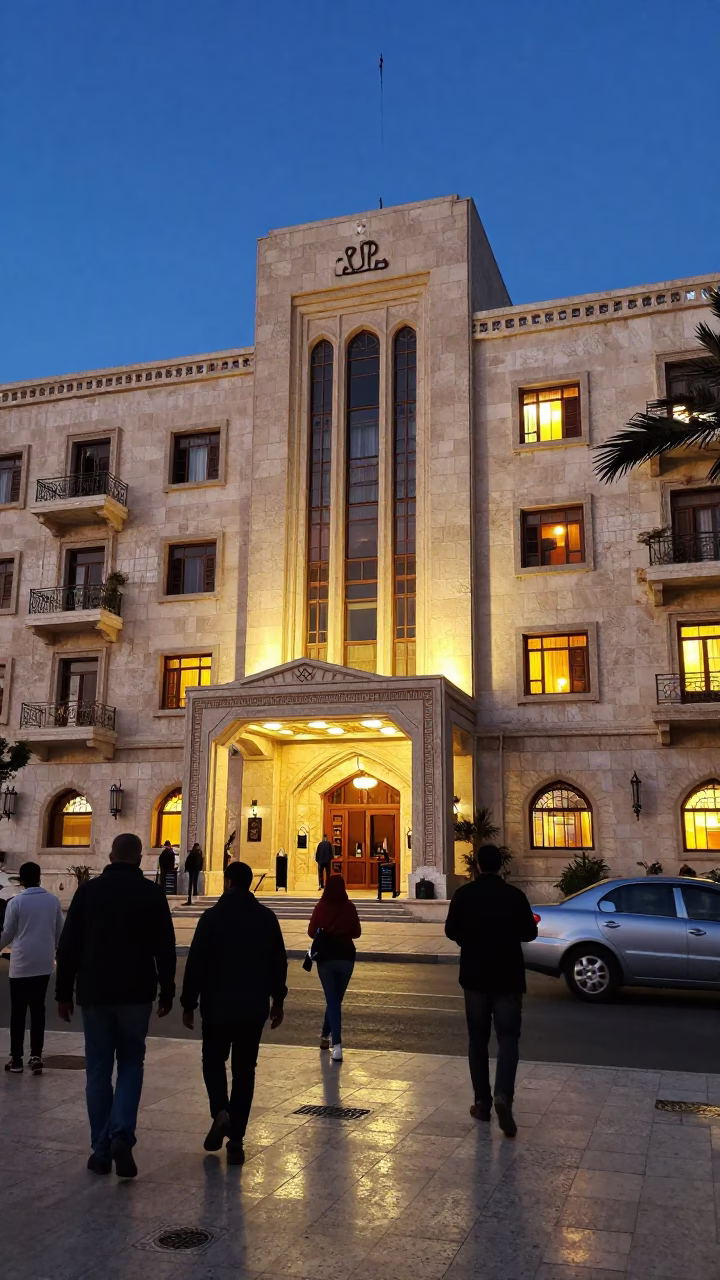 Amman Jordan Blue Hour Street Scene with Art Deco Hotel Facade and Local Pedestrians in in Amman, Jordan