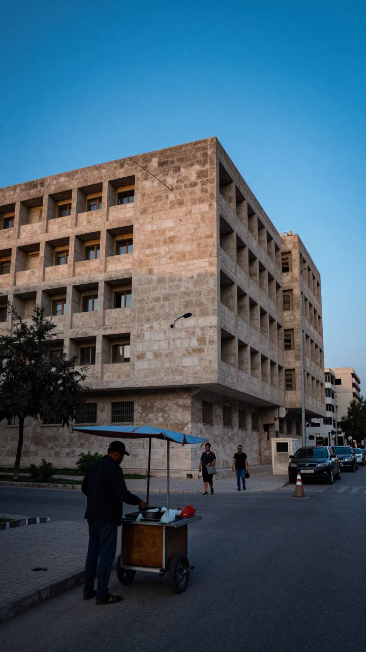 Amman Jordan Blue Hour Street Scene with Brutalist Architecture and Local Life in in Amman, Jordan