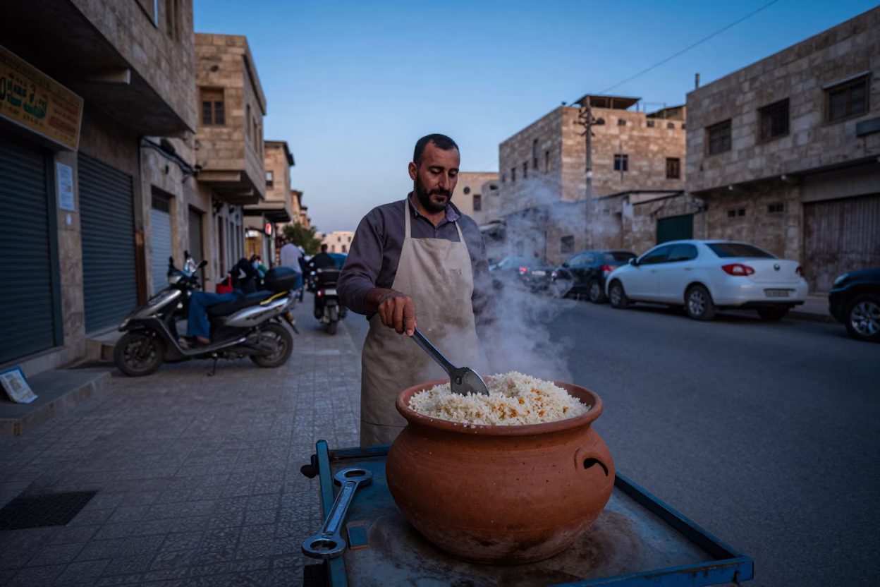 Amman Jordan Blue Hour Street Scene with Clay Pot Rice and Wrench in in Amman, Jordan